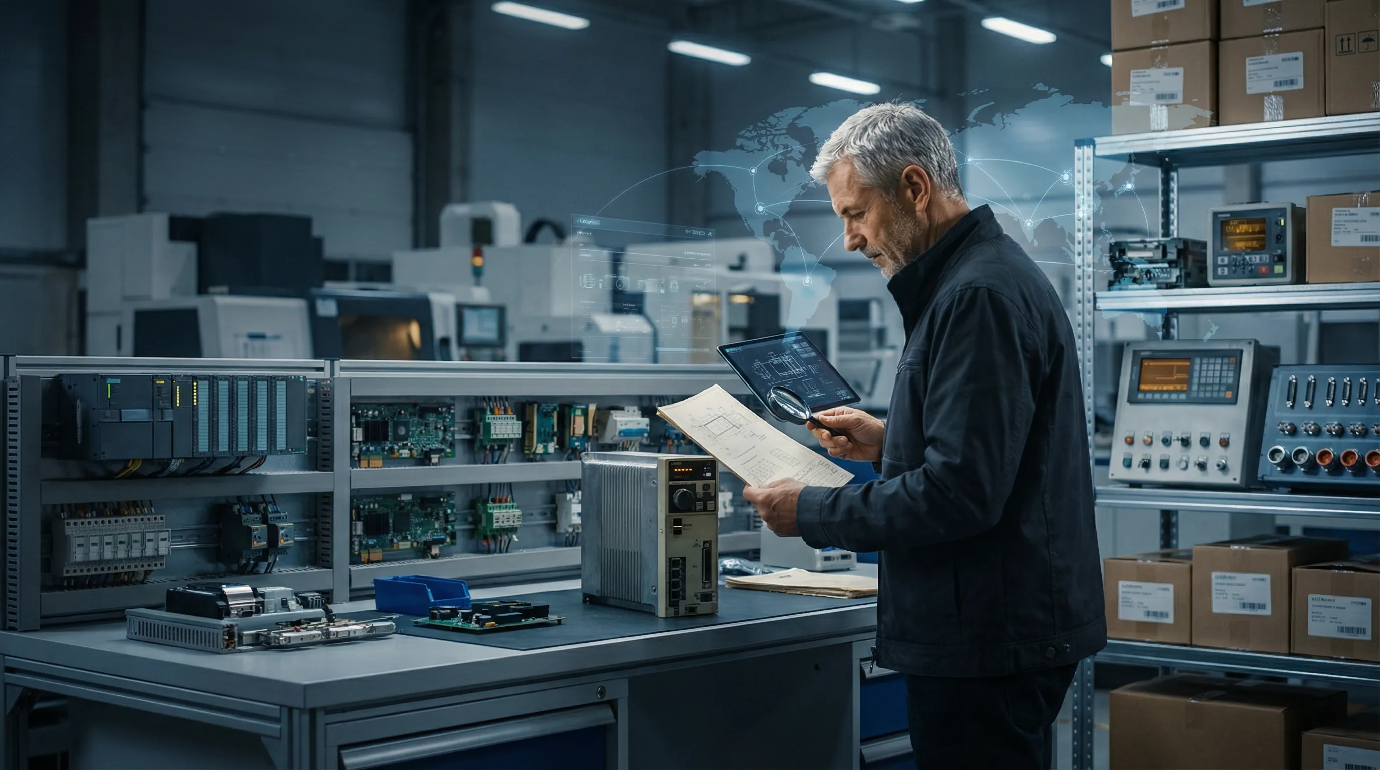 Team inspecting stocked automation components